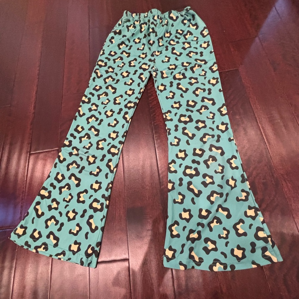 NWOT: Cheetah Print Teal Flared Silky Pajama Pants